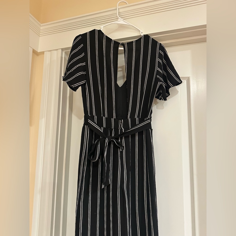 Crystal Doll Elegant Black and White Striped Overlay Hem Romper - Picture 8 of 8